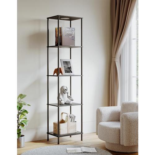 Display Shelf with RGBW Light, Color Changing Curio Cabinet Floor Lamp with Shelves Corner Standing Column Lamp Etagere Organizer Tower Nightstand Bookcase for Living Room Bedroom Office Décor Black