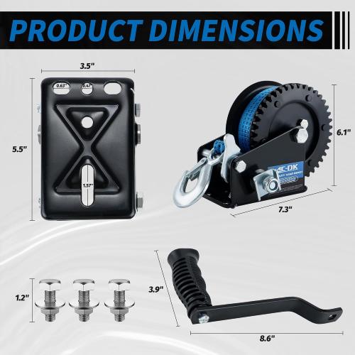 1600lbs Heavy Duty Boat Trailer Winch with 26FT Strap, 2-Way Ratchet & 4:1 Gear Trailer Winch, Portable Hand Crank Winch for Boat, Truck, Trailer, RV, ATV, Jet Ski