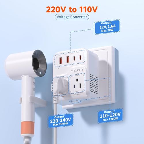 2000W Voltage Converter US to Europe for Hair Dryers, 7-in-1 220V to 110V Converter for European Travel with 3 AC/2 USBA/2 USBC Ports (PD20W), Universal Travel Adapter with Type G C Plugs