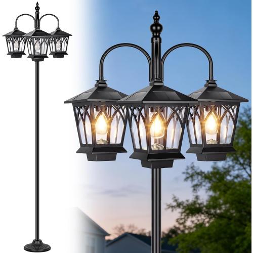 TOWPONICS 6FT 3-Head Aluminum Solar Lamp Post Light with LED Edison Bulbs