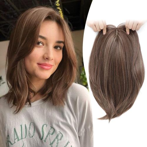 Ms Taj 12 Inch Hair Topper for Women with Thinning Hair, 6.5x6.5 Large Base Synthetic Hair Topper with Bangs, Ladies-Dark Golden Brown with Highlights