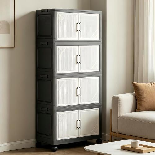 Color- black, Foldable Storage Cabinet with Doors and Wheels, 4 Tier Stackable Organizer, Freestanding Pantry Cabinet for Kitchen, Snacks, Toys, Bedroom, Home Office