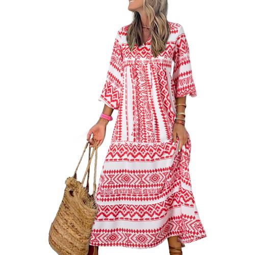 Size M...Dokotoo Women Boho Maxi Dresses 2026 V Neck Long Puff Sleeve Smocked Ruffle Flowy Casual Dress