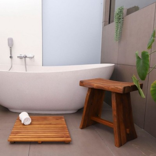 Nordic Teak  Rustic Shower and Bath Stool with Curved Seat - Brown