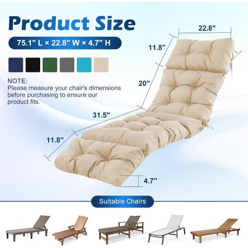 Chaise Lounge Cushions Outdoor, Waterproof & Fade Resistant Patio Lounge Chair Cushions for Outdoor Furniture, Chaise Cushion with Ties for Patio, Pool, Lawn and Beach, 75.1x22.8x4.7 Inch, Beige