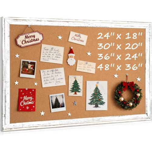 Cork Board Bulletin Board, 36 x 24 Corkboard for Wall, Rustic White Wooden Frame, Hanging Pin Board for Home & Office Decor, 10 Push Pins