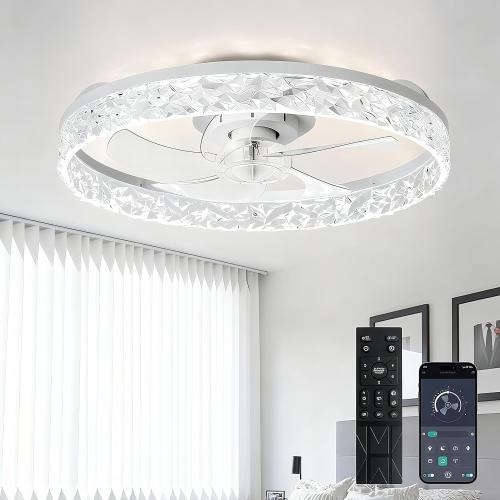Depuley Ceiling Fans with Lights and Remote: Full Package 20 Modern Low Profile Flush Mount LED Ceiling Fan for Bedroom App Control - White Crystal Bladeless Fandelier for Laundry Room Kitchen