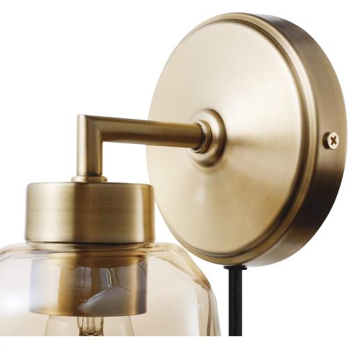 Globe Electric 1-Light Matte Brass Plug-in or Hardwire Wall Sconce with Smoked Amber Glass Shade and in-Line On/Off Switch