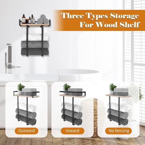Xstydes Towel Racks for Bathroom Wall Mounted, Metal Towel Holder with Wooden Shelf for Folding Large Towels, Towel Storage for Small Bathroom Organizer Decor or RV Camping