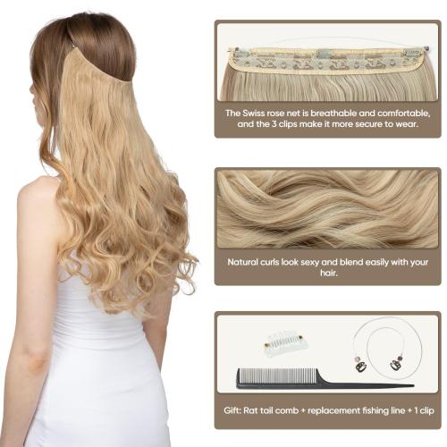 SARLA Invisible Wire Hair Extensions with 3 Clips Long Synthetic Wavy Curly Hairpiece Adjustable Transparent Headband for Women 18 Inch Ash Medium Brown/Ash Blonde Highlights
