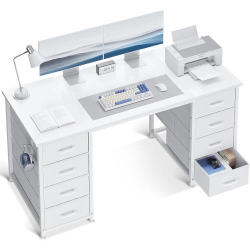 ODK 48 Inch White Computer Desk with 8 Fabric Drawers, Modern Office Desk with Large Storage for Home Office, Study, Gaming, White