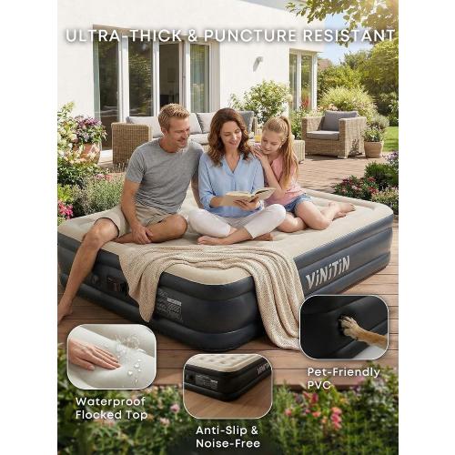 Queen Air Mattress with Built-in Pump, 16 Elevated Inflatable Bed for Home & Guests, Self-Inflating Blow Up Mattress with Flocked Top & Storage Bag, 660lb Max Weight, Matt Black