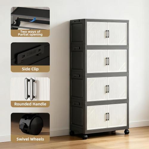 Color- black, Foldable Storage Cabinet with Doors and Wheels, 4 Tier Stackable Organizer, Freestanding Pantry Cabinet for Kitchen, Snacks, Toys, Bedroom, Home Office