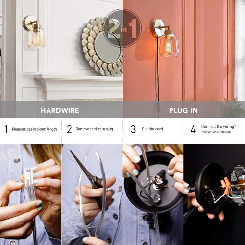 Globe Electric 1-Light Matte Brass Plug-in or Hardwire Wall Sconce with Smoked Amber Glass Shade and in-Line On/Off Switch