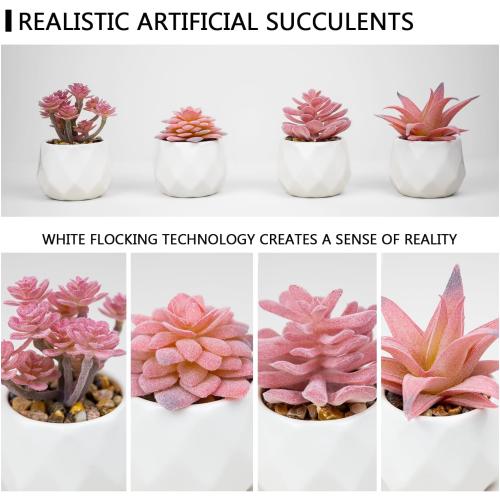 VIVERIE Mini Faux Succulents Plants Artificial in Pots-Rose Pink Desk Accessories, Small Fake Succulents Plants for Home Decor Indoor for Women, White Ceramic, Set of 4