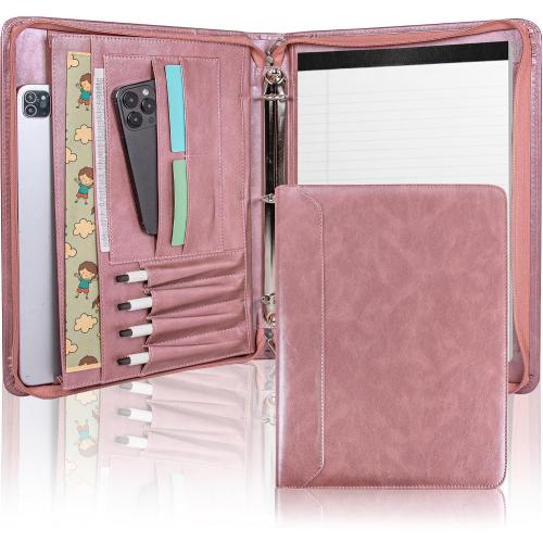 Planner Binder,Padfolio for Women,Leather Binder 3 Ring, A4 Binder Planner with Laptop Pocket,Legal Size Portfolio Organizer,Business Portfolio for Women,Rose Gold