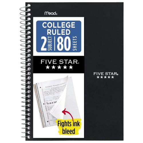 Five Star Spiral Notebook, 2 Subject, College Ruled, 6 x 9.5, Black
