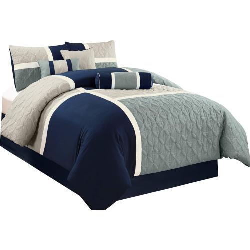 Chezmoi Collection Upland 7-Piece Quilted Patchwork Comforter Set, Navy/Blue/Gray, Queen