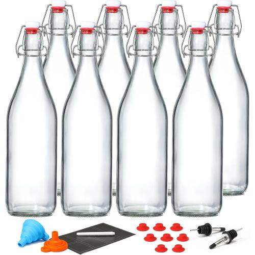 8 PACK [1 Liter/33 fl. oz.] Swing Top Glass Bottles w/ 2 Funnels & Pourers