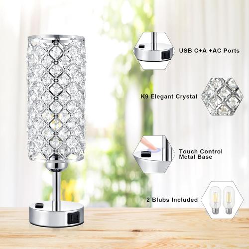 Silver Crystal Lamps Set of 2, 3-Way Dimmable Touch Lamps for Nightstand