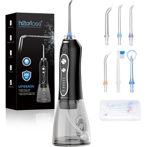 H2ofloss Water Dental Flosser Teeth Pick -Portable Oral Irrigator with 5 Modes, Rechargeable IPX7 Waterproof Orthodontic Teeth Cleaner Pick Cordless for Home Travel-300ml Water Tank