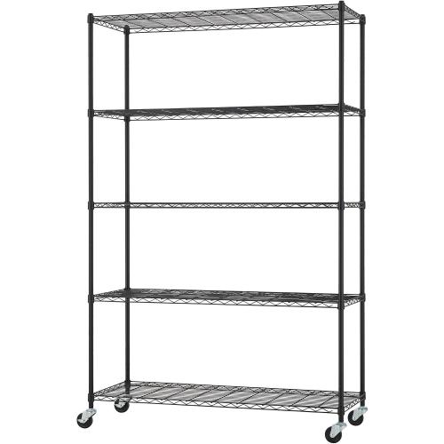5-Tier Adjustable Wire Shelving with Wheels, Wire Shelf Rack for Kitchen Organization, Garage Storage, 400 to 2000 Pound Capacity, NSF Certified, 48” x 18” x 72”, Black