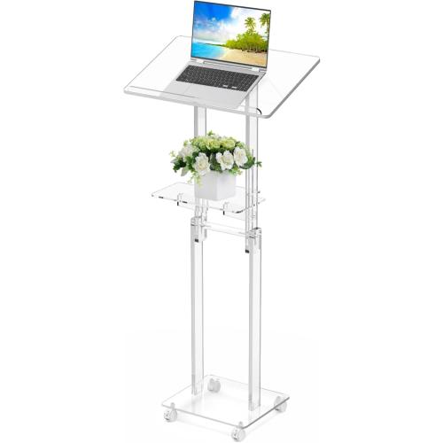 Acrylic Podium Stand Portable, Rolling Podium with Wheels, Clear Podium with Storage Shelf, Lockable Wheels for Churches, Classroom, Weddings, Speech (Adjustable Size, 37.8-47.2 inches Tall) | 37.8–47.2 in height range, tilting top, storage shelf and lockable casters for classrooms, churches, weddings and speeches
