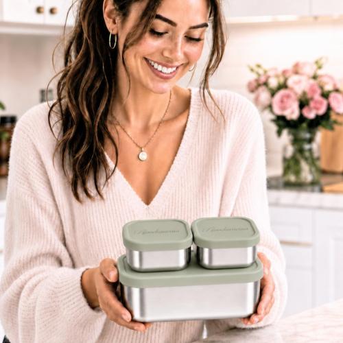 Modaniam Flexibento Leak Proof 40 OZ Stainless Steel Lunch Box, Silicone Lids, Sage Set of 3