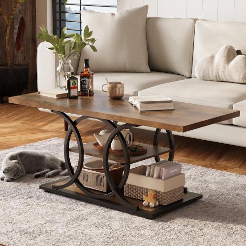 GiftGo Rustic Coffee Table with Storage Industrial 3 Tier Center Living Room Table Farmhouse Wooden Rectangle Cocktail Tea Table for Office Bedroom Elegant Full Moon Round Metal Frame (Brown, L-47)