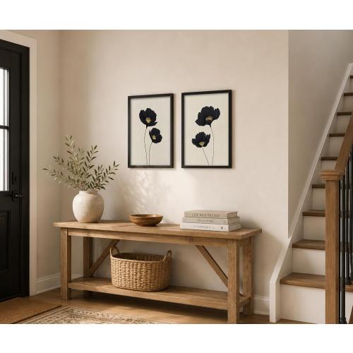 Minimalist Black Gold Flower Bathroom Wall Art Poppy Botanical Art Print