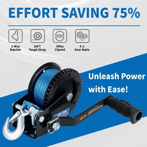 1600lbs Heavy Duty Boat Trailer Winch with 26FT Strap, 2-Way Ratchet & 4:1 Gear Trailer Winch, Portable Hand Crank Winch for Boat, Truck, Trailer, RV, ATV, Jet Ski