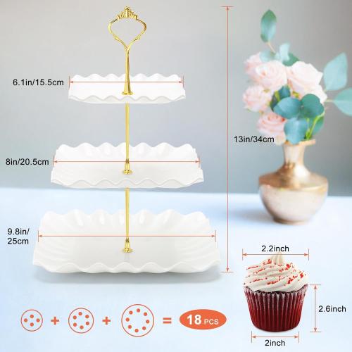 Coitak 3 Tier Cupcake Stand, Plastic Tiered Serving Stand, Square Dessert Tray for Tea Party, Baby Shower and Wedding (Pure White)
