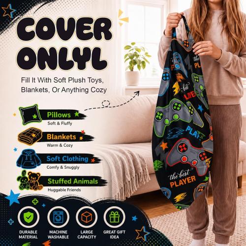Novabright Stuffed Player Storage Bean Bag Chair Cover for Teens (No Filler)2.3 Feet Plush Soft Bean Bag Game Themed Sofa Organizer with Double Stitched Zipper Washable Kids Room Decoration