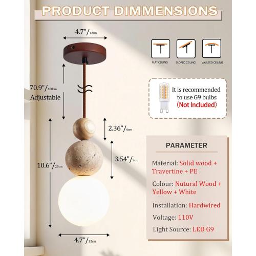 Natural Travertine Pendant Light, 10.6 Japanese Wabi Sabi Pendant Light