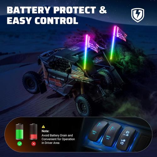 Ehaho 2PCS 3FT Whip Lights w/Spring Base, RGB Chasing, APP & Remote Control | IP67 LED Whip Lights for Side by Side with 366  Light Modes, Music Sync, Brake/Turn/Reverse, Switch for UTV ATV RZR SXS