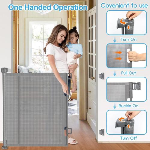 EZIGO 120 Inch Retractable Baby Gates Extra Wide Reinforced Baby Dog Gate | 34 Inch Tall Retractable Dog Gate with Reinforced Strip Mesh Safety Pet Gate for Stairs Hallway Doorway Indoor Outdoor, Gray