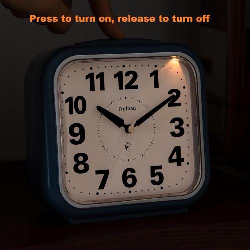 5.5 Large No Ticking Analog Alarm Clock,Silent Readable for Seniors,Easy to Set,Gradual Rise Alarm,Big Numbers,Gentle Wake,Snooze, Lighted on Demand,Battery Operated,Blue