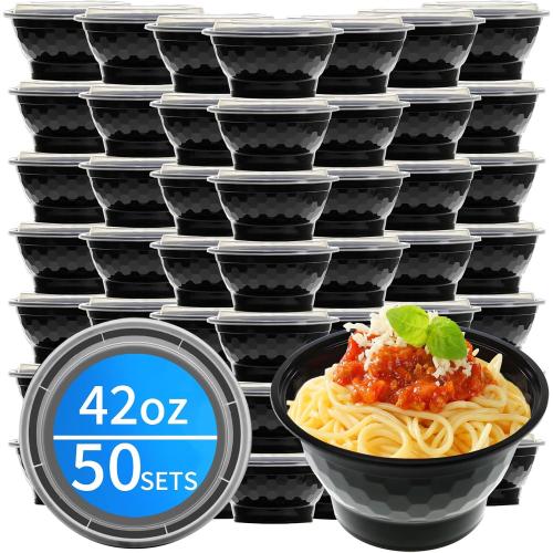 42oz Meal Prep Containers, 50 Sets Plastic To Go Bowls with Lids