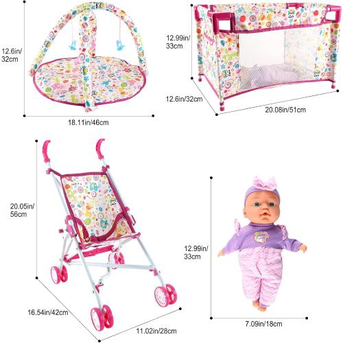 deAO Baby Doll Stroller Nursery Pretend Play Toy Set with Play Mat,Doll Bed
