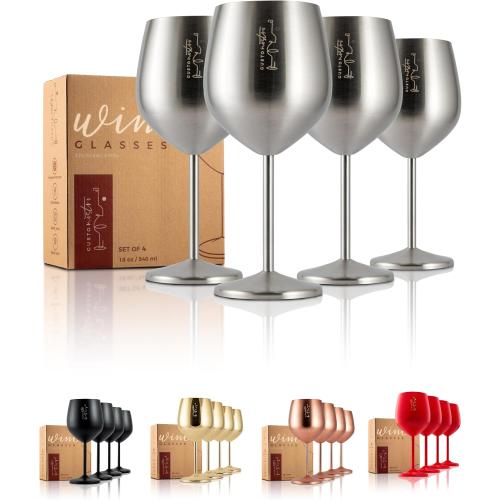 Gusto Nostro Stainless Steel Wine Glass - 18 oz - Cute, Unbreakable Wine Glasses for Travel, Camping and Pool - Fancy, Unique and Cool Portable Metal Wine Glass for Outdoor Events, Picnics (Set of 4)