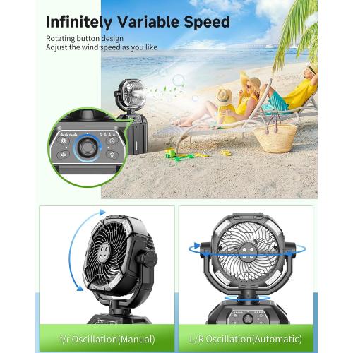 Misting fan with 7L bucket 90°Oscillating ,4 Spray Mister 25000mAh Rechargeable Camping fan with Remote Control Stepless Speed and Timer for Patios/Camping，Waterproof Design Outdoor Fans (Black)