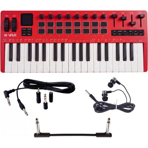 M-VAVE SMK-37 PRO Red MIDI Keyboard Controller, 37 Key Wireless MIDI Keyboard with Velocity Sensitive Keys, Backlit RGB Drum Pads, Pitch Bend, Modulation Wheel, Bluetooth MIDI