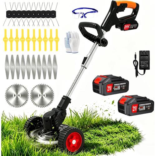 Cordless Electric Weed Wacker 4-in-1 Stringless Weed Eater Battery Powered Grass Trimmer Lawn Edger Brush Cutter, Lightweight Portable Weed Trimmer with 4 Blades & Wheels for Yard Lawn Garden