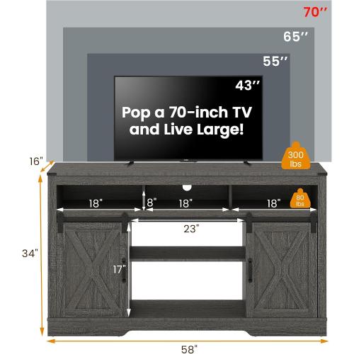 RoyalCraft Farmhouse TV Stand for 65  Inch TV, 34'' Tall Entertainment Center with Sliding Barn Doors, Rustic Wood Media Console Storage Cabinet Television Stand for Living Room, Bedroom (Dark Grey)