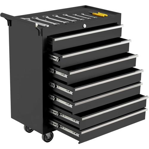 BLACK AND RED GarveeLife 24-Inch Rolling Tool Chest, 7-Drawer Mobile Tool Cabinet with Locking System, Heavy-Duty Rolling Tool Storage for Garage, Workshop, and Home DIY Projects