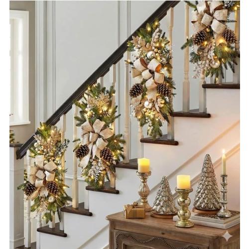 2025 Cordless Christmas Swags Artificial Stairs Christmas Garland with Prelit Teardrop Swag and 30 Lights Rustic Christmas Swag for Front Door Wall Window Stair Home Decor (Gold with Pinecone)