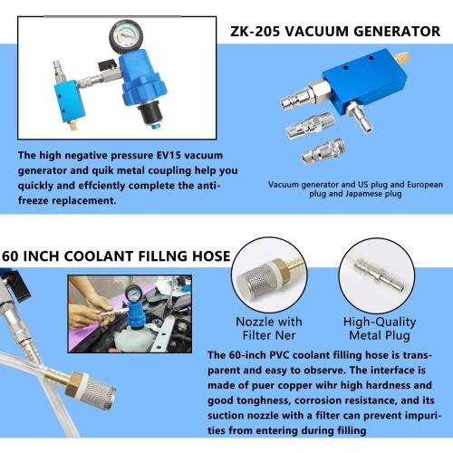 ZKTOOL Coolant Vacuum Refill Kit Quick Airlift Coolant Refill Tool for Most Vehicles, With 8 Size Rubber Sleeves & 2 Universal Adapter Cone Plug EV15 Vacuum Generator