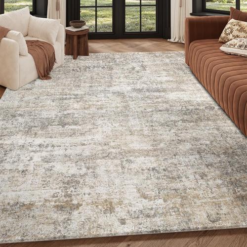 8x10 Grey Beige Washable Area Rug for Living Room, Vintage Print