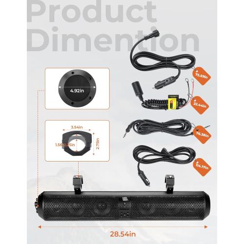 KEMIMOTO UTV Sound Bar 28 Inch ATV Soundbar 4X Subwoofers LED Party Lights Bluetooth Golf Cart Sound Bar 2X Tweeters Compatible with Polaris RZR Can-Am X3 Defender CFMOTO for 1.56- 2.25 Roll Cage
