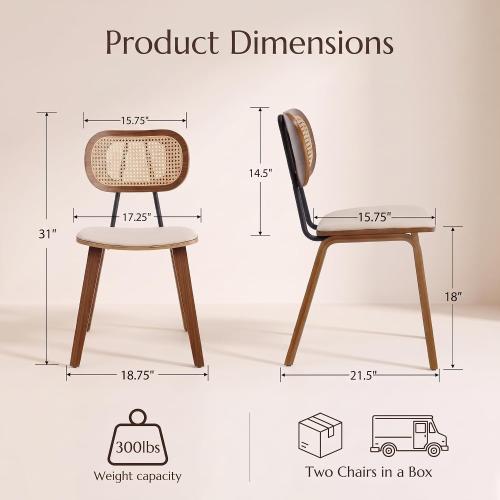 CIMOTA Mid Century Modern Dining Chairs Set of 2, Rattan Back Kitchen Chairs with Solid Wood Frame, Upholstered Faux Leather Seat, Armless Cane Dining Room Chair for Kitchen, Farmhouse, PU Beige